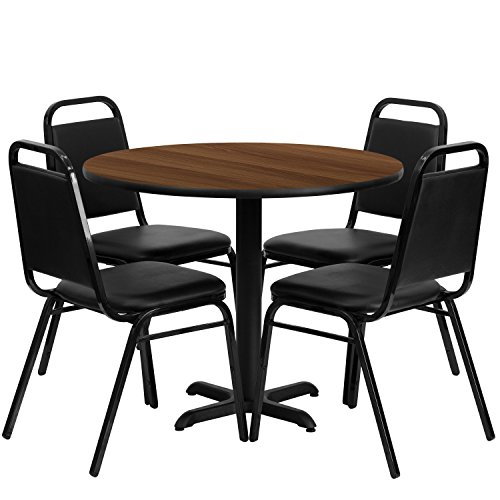 Flash Furniture 36 Round Walnut Laminate Table Set with 4 Black Trapezoidal Back Banquet Chairs