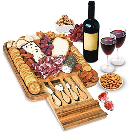 Bamboo Cheese Board and Knife Set - Wood Charcuterie Board Set - Serving Meat Cheese Board with Slide-Out Drawer for Cutlery - 4 Stainless Steel Knives and Server