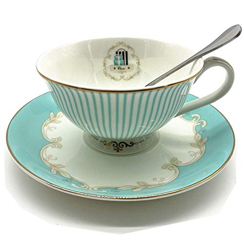 Krysclove Vintage Blue Bone China Teacup Spoon and Saucer Set Delicate Royal Bone China Coffee Mug Print Cup Ceramic Tea Cups Stripe