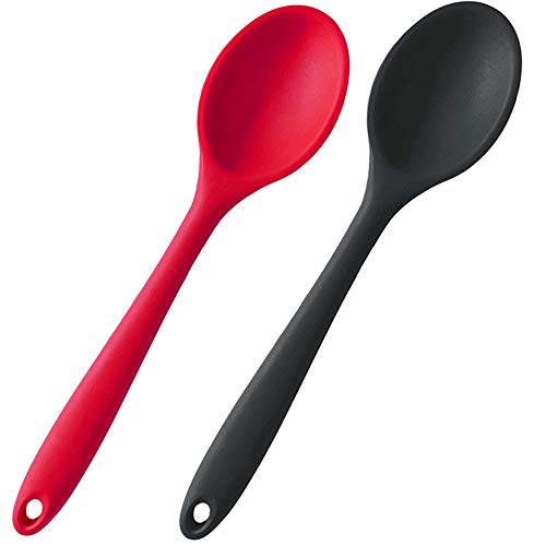Silicone Nonstick Mixing Spoons Set 2 BPA Free and FDA GradeHigh Heat Resistant Hygienic Design Cooking Baking Spoons Set for Stirring Mixing and ServingRed and Black