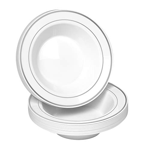 50 Disposable White Silver Rimmed Plastic Soup Bowls  14 oz Premium Heavy Duty Disposable Dinnerware with Real China Design  Safe Reusable 50-Pack WhiteSilver Trim by Bloomingoods