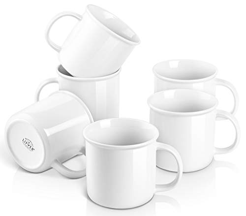 LIFVER 18 Ounces Coffee Mugs Large Porcelain Cups for Coffee Tea Cocoa Retro Style Mug Sets Housewarming Gift Set of 6 White