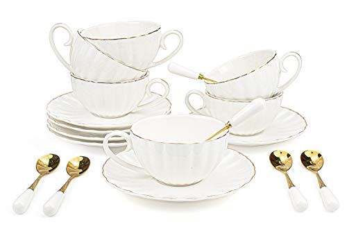 Yesland 6 Set Royal Tea Cups and Saucers with Gold Trim 8 Oz White Porcelain Tea Set British Coffee Cups
