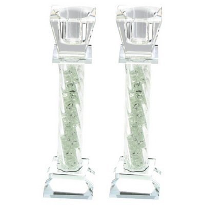 Judaica Place Crystal Candlesticks Square Base and Cups with Stone Filled Stem 6