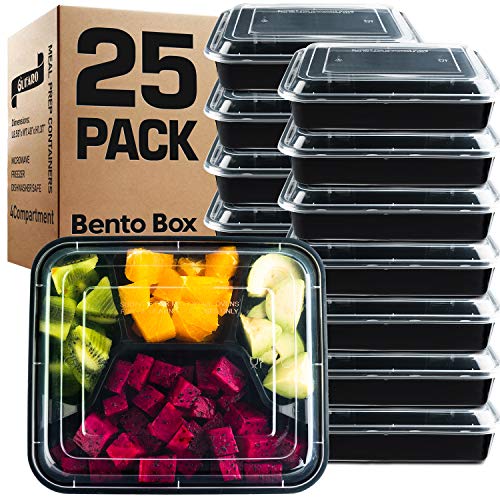 GUFARO Premium Meal Prep Containers Reusable 32oz - GIANT 25 Pack Choose 1 3 4 Compartment with Matching Airtight Freshness Lids BPA Free Microwavable Bento Lunch Box 4 Compartment