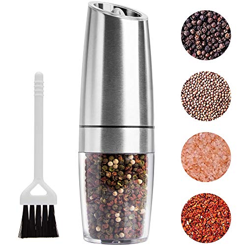 Electric Pepper Grinder or Salt Mill Gravity Operated Automatic Stainless Steel Spice Grinder with Light Battery Powered Adjustable Coarseness Ceramic Grinders