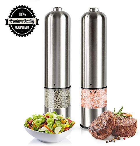 Electric Salt and Pepper Grinder Set - Automatic Refillable Battery Operated Stainless Steel Spice Mills with Light - One Handed Push Button Peppercorn Grinders and Sea Salt Mills