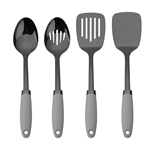 Country Kitchen Set of 4 Gun Metal Stainless Steel Cooking Utensil Set with Grey Silicone Handles