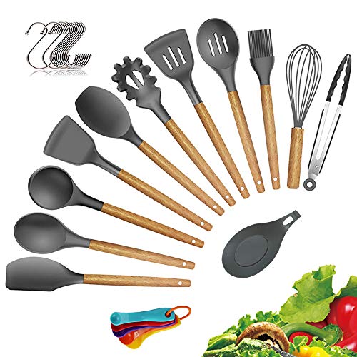 MEFAN Silicone Cooking Kitchen Utensils Set 12pcs Bamboo Wooden Handles Cooking Tool BPA Free Non Toxic Silicone Turner Tongs Spatula Spoon Kitchen Gadgets Utensil Set for Nonstick Cookware Gray