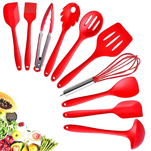 Kitchen Silicone Utensil Cooking SetHeat-Resistant 10 Kitchen Utensil Non-Stick Spatula Set Cooking ToolsPieceTurner Whisk SpoonBrushspatula Ladle Slotted turner Best Kitchen Tools Gift Red