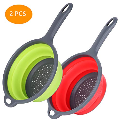 Collapsible Colander McoMce Food-Grade Silicone Colanders Round Kitchen Colapsable Collander with Handle 2PCS Folding Strainer Set Perfect for Draining Pasta Vegetable  Green Red 