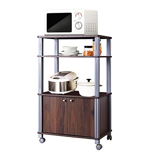 Giantex Rolling Kitchen Bakers Rack Microwave Oven Stand Utility Shelf on Wheels Storage Cart Spice Workstation Organizer with 2-Tier Shelf and Cabinet Kitchen or Dining Room Furniture Walnut