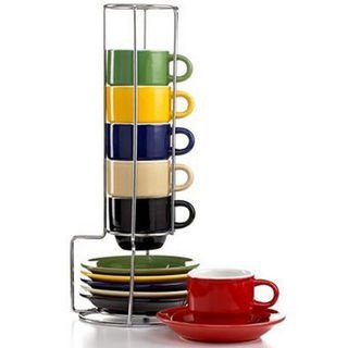 Espresso Cups Set by Gibson Coffee cup set with metal rack Stackable Coffee mug set Turkish Coffee cup set Assorted colors 13 pcs cups and saucers Sensations
