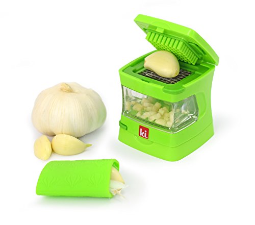 Kitchen Innovations Garlic-A-Peel Garlic Press Crusher Mincer and Storage Container - Includes Silicone Garlic Peeler - Easy to Clean - Stainless Steel Blades  Green