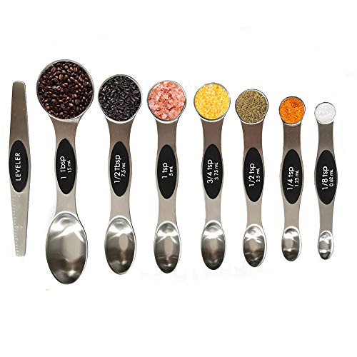 Supersuper Magnetic Measuring Spoons Premium Stainless Steel Set of 8 in 1 with Leveler Dual Sided Design for Dry or Liquid Fits in Kitchen Spice Jar