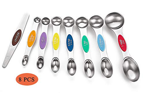 WEZVIX Magnetic Measuring Spoons Set Stainless Steel Dual Sided Spoon Stackable Design with a Leveler for Measuring Dry and Liquid Ingredients Set of 8