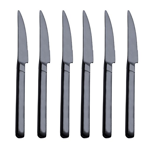 Steak Knife Set Black Onlycooker 6 Piece 9-inch Heavy Duty Serrated Knives Sets High Carbon Stainless Steel Cutlery Dinner Flatware Silverware Dishwasher Safe for Home Kitchen Mirror Finish