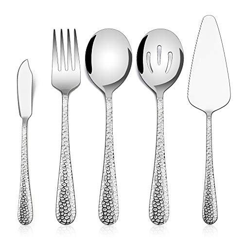 Hammered Serving Utensils E-far 5-Piece Stainless Steel Hostess Serving Set for Buffet Party Kitchen Restaurant Mirror Finished Dishwasher Safe