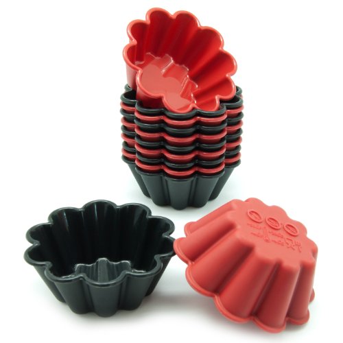 Freshware Silicone Cupcake LinersBaking Cups - 12-Pack Muffin Molds Flower Red and Black Colors