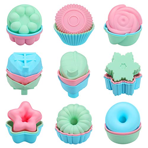 Houswill 27 Pcs Reusable Silicone Cupcake Baking Cups Muffin and Cupcake  Silicone Cupcake Liners Non-Stick Muffin Cups Molds Including Round Donut -9 Shape  Flower Food Grade Silicone