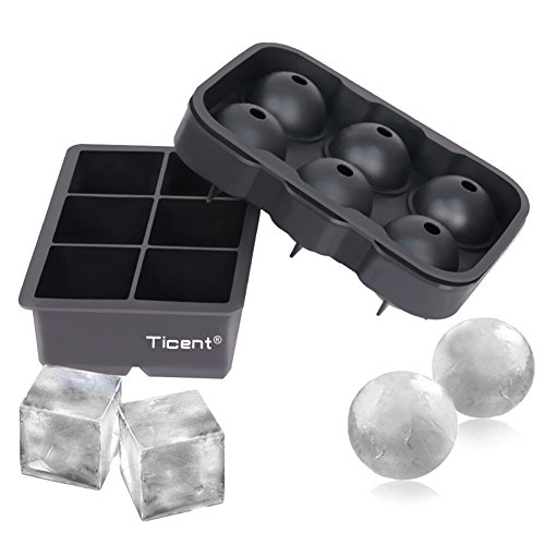 Ticent Ice Cube Trays Set of 2 Silicone Sphere Whiskey Ice Ball Maker with Lids Large Square Ice Cube Molds for Cocktails Bourbon - Reusable BPA Free