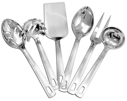 Complete Serving Spoon Utensil Set 6-Piece Set Includes Pasta Server Fork Spoon Slotted Spoon Ladle CakeCasserole Server Stainless Steel Classic Plain Handle Flatware