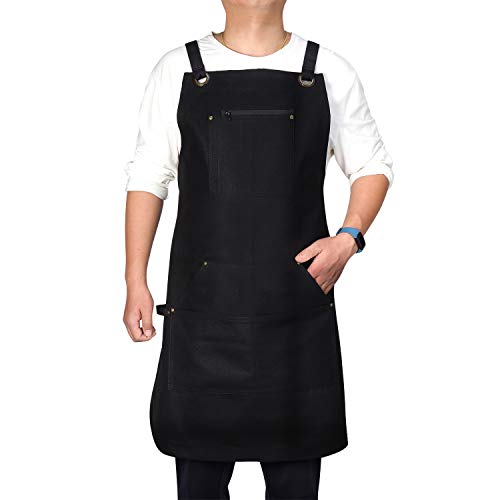 VWELL Upgrade Waxed Canvas Cooking Apron - Professional Chef Apron for Kitchen BBQ and Grill with 6 PocketsTool LoopWaterproof ZipperQuick Release Buckle Adjustable M to XXL