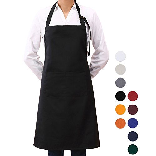 VEEYOO Adjustable Chef Bib Apron with 2 Pockets Durable Spun Poly Cotton Cooking Kitchen Restaurant Uniform Aprons for Men Women 32x28 inches Black