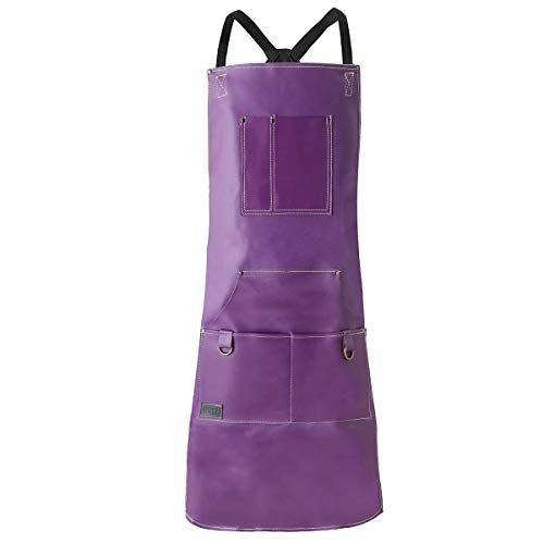 QeeLink Leather Chef Apron for Kitchen BBQ and Grill with 6 Pockets Purple