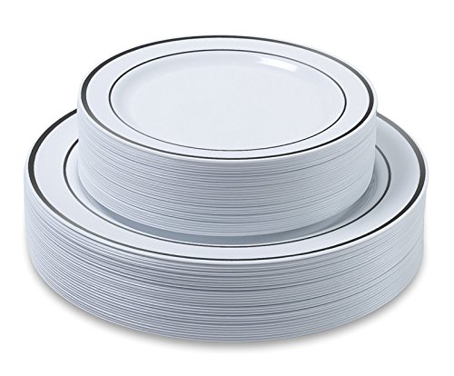 Disposable Plastic Plates - 60 Pack - 1025 Dinner and 75 Salad Combo - Silver Trim Real China Design - Premium Heavy Duty - By Ayas Cutlery Kingdom