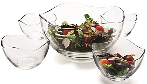 Clear Glass Wavy Salad Bowl Mixing Bowl All Purpose Round Serving Bowl Saladfood Glass Bowls Set of 5 One 10 and Four 525