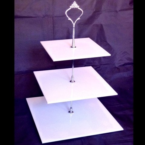 Three Tier White Square Cake Stands - Standard Silver Handle