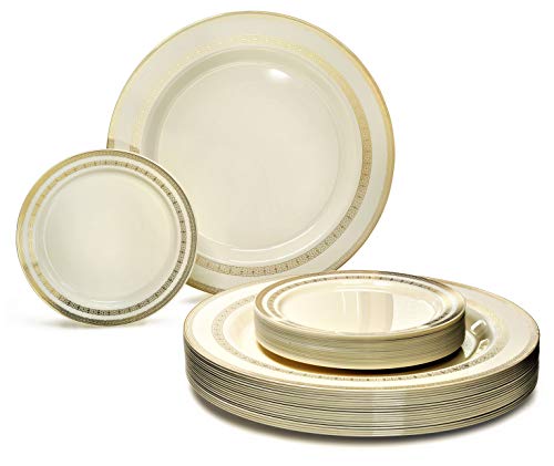  OCCASIONS 240 Plates Pack Heavyweight Premium Disposable Plastic Plates Set 120 x 105 Dinner  120 x 625 DessertCake Plates Lace Ivory Gold
