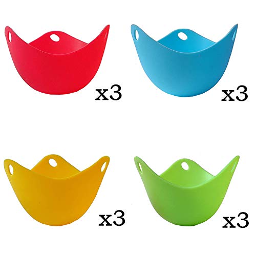 HAN SHENG 12 Pcs Silicone Egg Poacher Poached Perfect Egg Maker Poacher Cups Baking Mold Cups for Kitchen Egg Cooking BlueGreenYellowRed