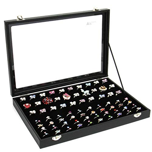 amzdeal Ring Box -100 Slots Jewelry Ring Display Case with Glass Top Compact Ring Organizer Ring Holder Jewelry Storage Tray Ideal Gift for WomenMen Black