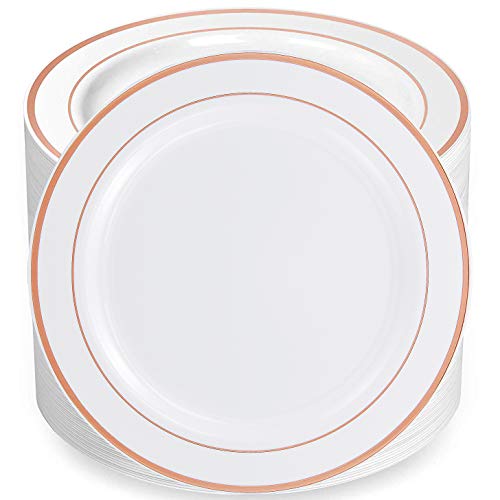 80pcs Rose Gold Plastic Plates 9 Big Party Pack Plastic Lunch Plates Disposable Plates for Dinner Party or Wedding 23cm Plastic White Plates with Rose Gold TrimPlastic Dessert PlatesSupernal