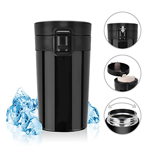 Stainless Steel Insulated Travel Coffee Mug Rainbrace Double Wall Insulated Coffee Mug Travel Mug Cup Water Bottle Wide Mouth With One Hand Flip Lid 300 ml10 oz Keep Hot or Cold for HoursBlack