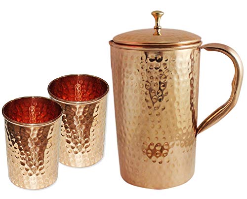 Pure Hammered Copper Jug with 2 Tumbler Glass Set Jug-1750Glass-250 ml
