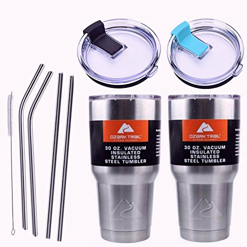9-Piece Travel Mug Set  Ozark Trail Insulated Stainless Steel Tumbler 2 pack with 4 Stainless Steel Straws Cleaning Brush 2 Extra Lids Fits RTIC Yeti Rambler For Coffee Smoothies Sports Drinks