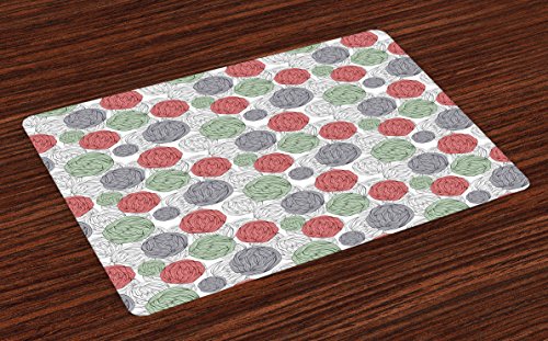 Ambesonne Retro Place Mats Set of 4 Knitting Balls Crochet Hand Made Theme Domestic Hobby Vintage Theme Washable Fabric Placemats for Dining Room Kitchen Table Decor Coral Grey Reseda Green