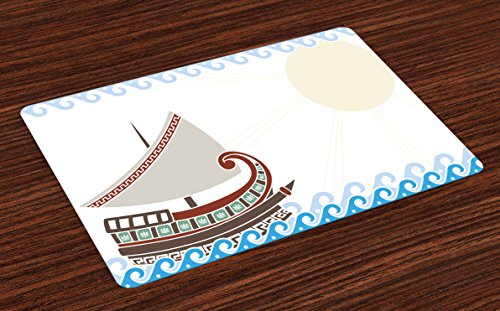 Ambesonne Retro Place Mats Set of 4 Ornate Ship Floating on Classic Greek Style Ocean Waves Faded Sun Washable Fabric Placemats for Dining Room Kitchen Table Decor Pale Blue Redwood Umber