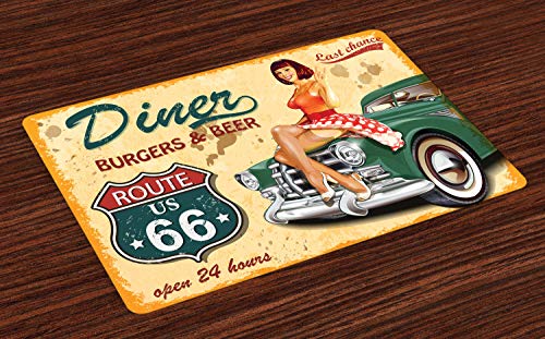 Lunarable Route 66 Place Mats Set of 4 Diner Burgers Beer Cafe Sign with a Waitress on a Car Freeway Retro Illustration Washable Fabric Placemats for Dining Table Standard Size Green Mustard