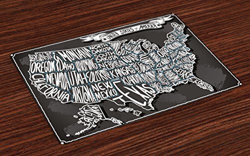 Lunarable USA Map Place Mats Set of 4 American Towns Calligraphy Style City Geography National Print Washable Fabric Placemats for Dining Room Kitchen Table Decor Charcoal Grey White
