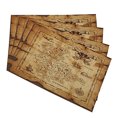 Mugod Treasure Map Placemats Super Detailed Pirate Treasure Map on a Ruined Old Parchment Decorative Heat Resistant Non-Slip Washable Place Mats for Kitchen Table Mats Set of 4 12x18