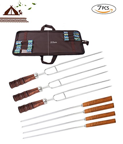 7 Pcs Stainless Steel Flat BBQ Kebab Skewers Barbecue Forks BBQ Sticks with Wooden Handle - Professional Durable and Reusable Barbecue Grill Tool 165 inches