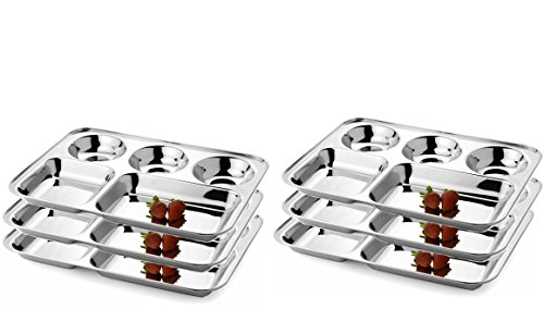 WhopperIndia Stainless Steel Five Compartment Round Plate Thali Mess Tray Dinner Plate Set of 6 pcs- 33 cm each