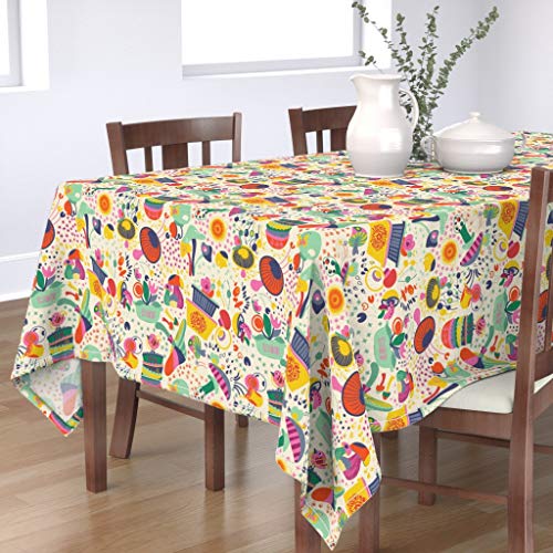 Roostery Tablecloth Vintage Kitchen Retro Kitsch Casseroles Bowls Flowers Mushroom Mod Mid Century Modern Rainbow Colors Food Print Cotton Sateen Tablecloth 70in x 144in
