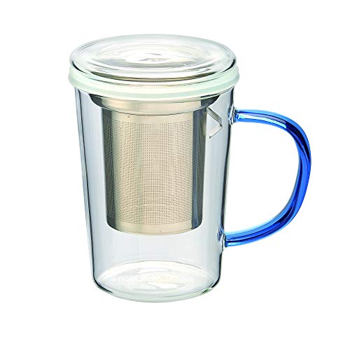 casaWare 18-Ounce Borosilicate Glass Tea Infuser Mug with Lid Blue Handle