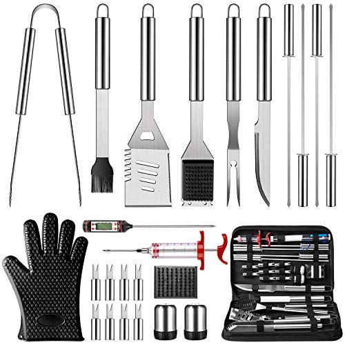 OlarHike Grilling Accessories BBQ Grill Tools Set 25PCS Stainless Steel Grilling Kit for Smoker Camping Kitchen Barbecue Utensil for Men Women with Thermometer and Meat Injector