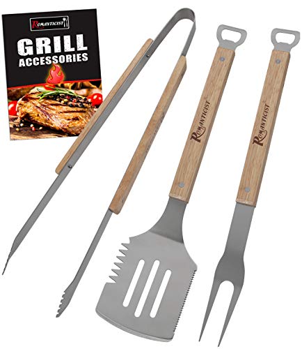 ROMANTICIST 3pc Heavy Duty BBQ Grilling Tools Set - Extra Thick Stainless Steel Spatula Fork Tongs for Grill Griddle Barbecue Grilling Smoking - The Very Best Grill Gift for Everyone on Christmas